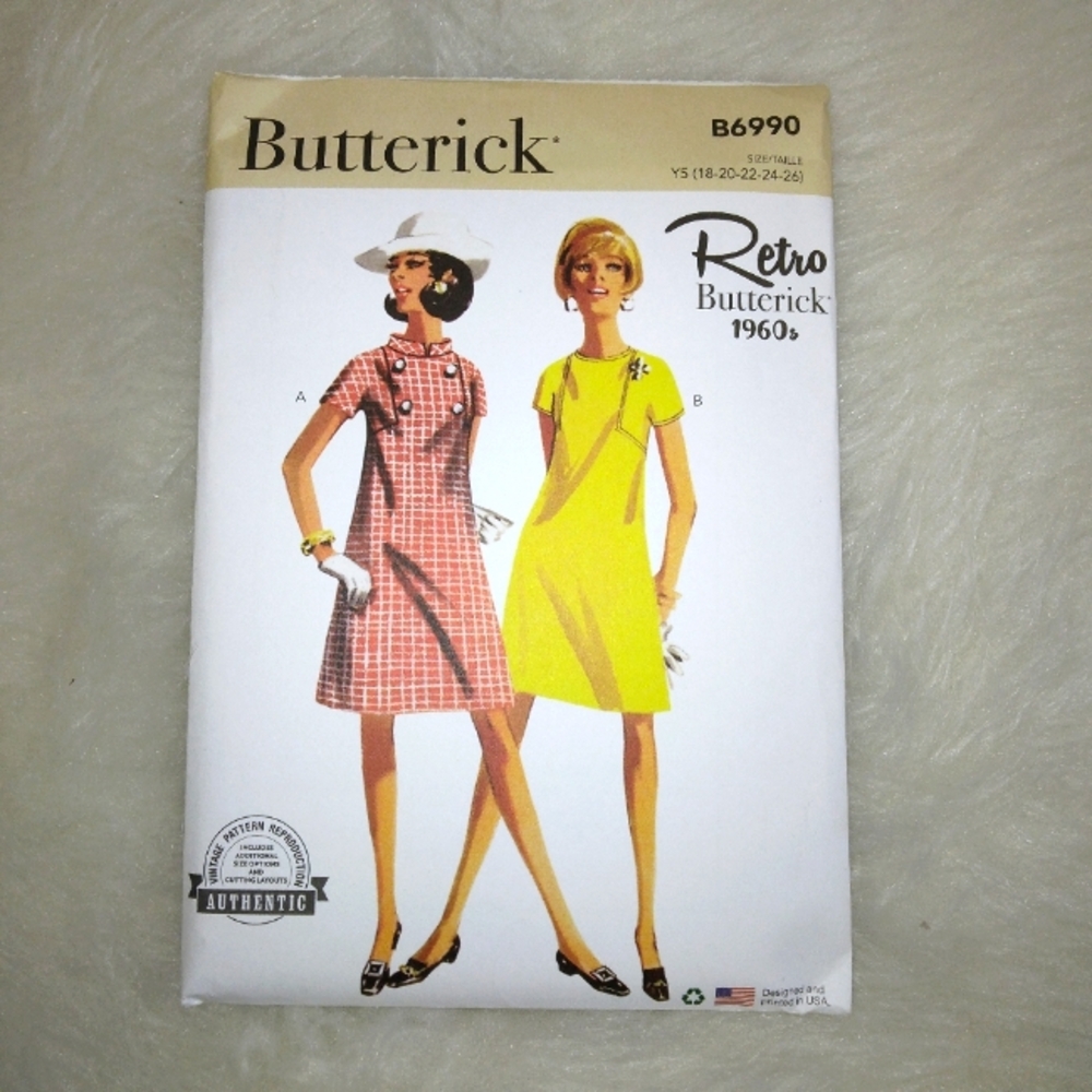 BUTTERICK B6990 Sz 18-26 Retro 60s Dress W/short Kimono Sleeves Collar Variation